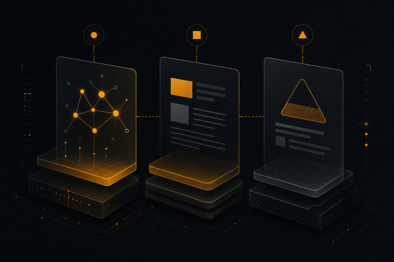 Abstract illustration of three evidence tiers in amber and charcoal — Observed, Publisher-reported, and Disputed.