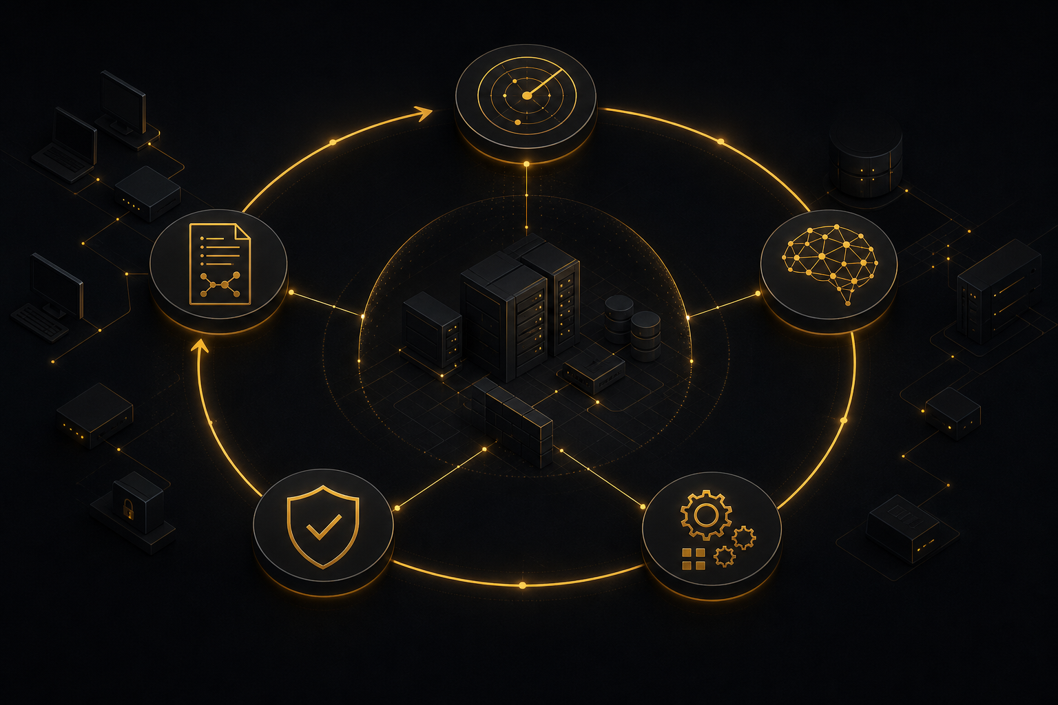 Abstract illustration of a bounded defense loop in amber on charcoal — observe, act, verify, review.